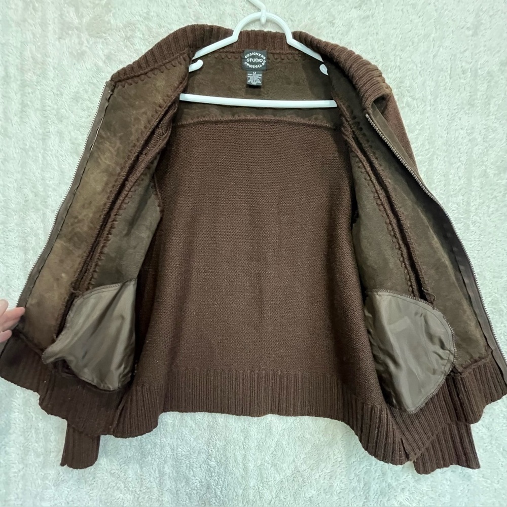 Vintage Women's Chocolate Brown Boho Suede Cable Knit Jacket Sz M Elbow Patches - Picture 7 of 15